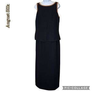 August Silk dress evening formal party black w gold trim maxi sleeveless sz 12